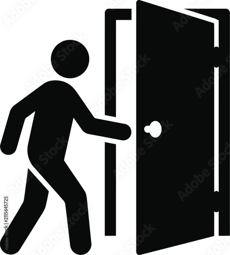 Black silhouette icon of a person walking through an open door representing an exit or entrance concept for business and wayfinding design graphics and signage symbols