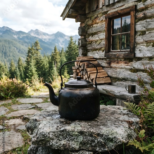 A black metal tea kettle resting on a large stone in front of a rustic log cabin with a wood pile and mountain forest in the background view