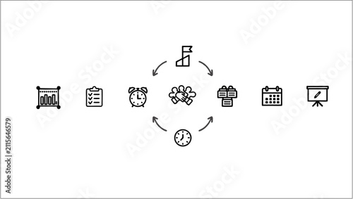 Modern Project Management Line Vector Icon Set Featuring Gantt Chart Kanban Board and Workflow Planning
