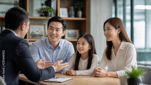Family Discussing Loan With Advisor | Financial Planning Meeting in Modern Office | Mortgage Insurance and Investment Consultation