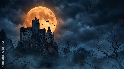 Gothic castle perched on a rocky cliff under a glowing full moon with flying bats and mysterious fog creating a dark fantasy atmosphere for Halloween background