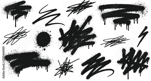 Quadro su tela Black spray paint graffiti strokes and splatters on white background with drippi
