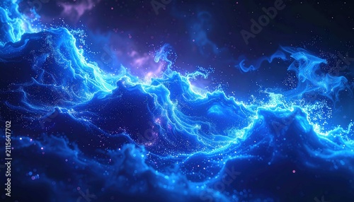 Abstract blue glowing particles background. Dark cosmic nebula with flowing light waves.