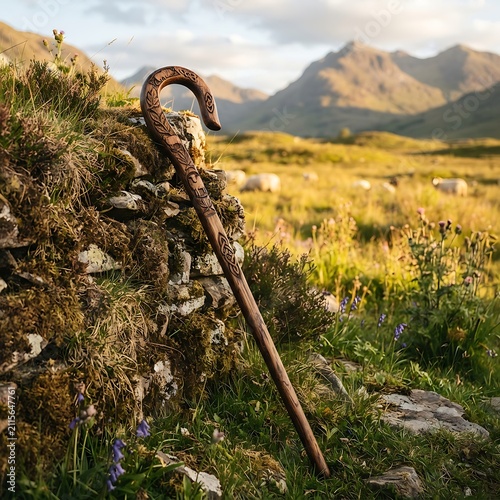 A carved wooden shepherd crook rests against a mossy stone wall in a vast, rolling green highland landscape with distant mountains under a cloudy sky
