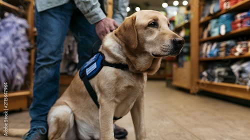 A light colored service dog wearing a harness sits calmly beside its handler inside a retail store with wooden shelves and soft lighting