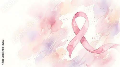 Abstract watercolor pink ribbon symbol with soft pastel washes and delicate artistic splatters representing breast cancer awareness and hope for medical campaigns