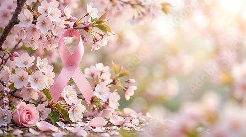 Pink breast cancer awareness ribbon hanging on blooming cherry blossom branch with scattered petals on rustic wooden surface for spring health awareness campaigns
