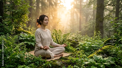 Young woman meditating in peaceful green forest surrounded by lush ferns and soft golden sunlight during early morning practice for mental health and wellness