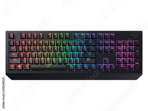 Computer keyboard with illuminated keys and black frame on transparent background gaming