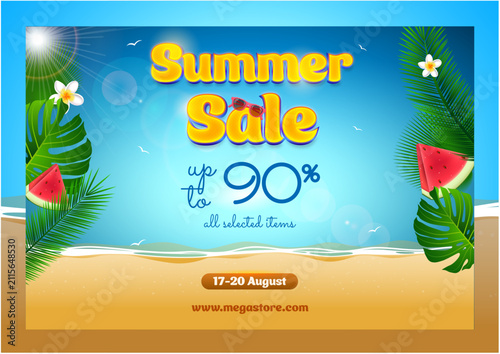 Modern Summer Sale Social Media Banner with Beach Tropical Decoration and Discount Offer