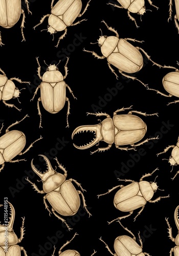 Earthy Beetle Tapestry: Vintage Illustration, Deep Black Background, Intriguing Detail