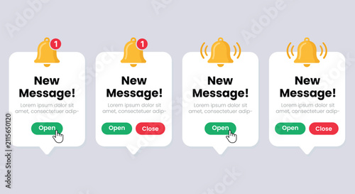 Notification Alert: A series of notification windows featuring a bell icon and the text New Message! accompanied by Open and Close buttons, indicating incoming alerts and user interaction.