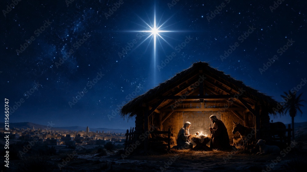 Obraz premium A stable holds Mary and Joseph as they look down at baby Jesus. A bright star shines in the night sky above them. The town is seen in the distance, adding to the setting.