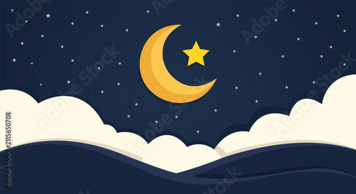 Konstfotografi Serene Night Sky: A charming crescent moon and a shining star hover in a dark blue, star-speckled sky, partly obscured by soft, fluffy clouds, creating a peaceful, dreamy atmosphere