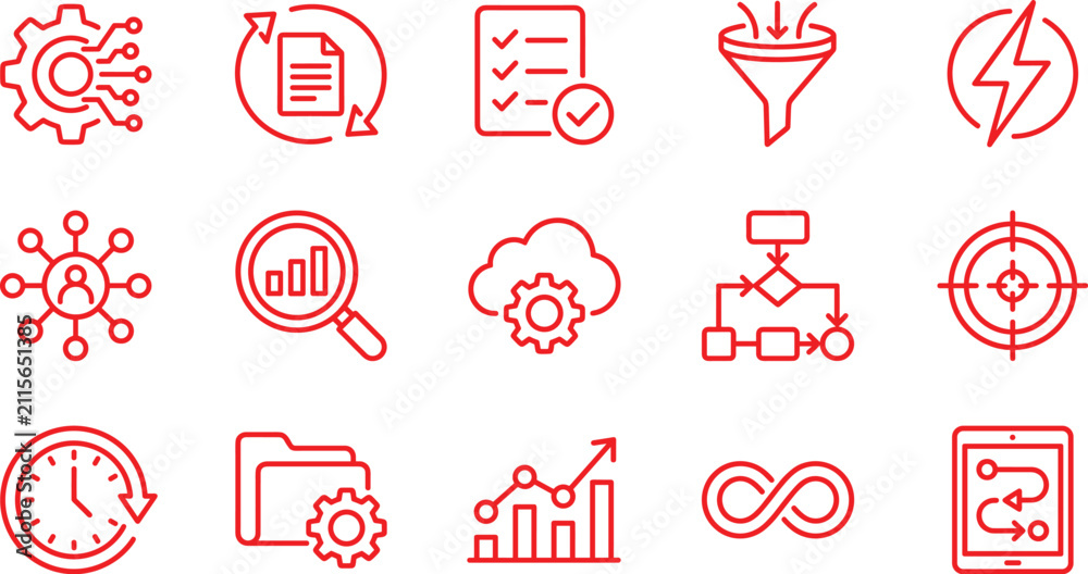 Fototapeta premium Business Automation and Devops Process Optimization Red Line Icon Set