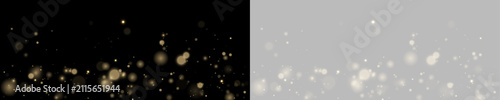Soft gold sparkles drift in the air. Bright bokeh creates a glamorous glow. Transparent PNG for holiday graphics.