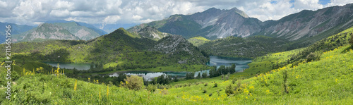 Photography panorama of the river with mountains in summer