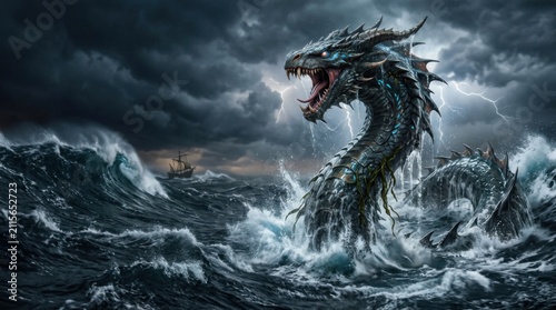 Menacing Sea Dragon Monster in Stormy Ocean Waves