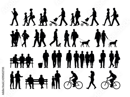 Solid human scale silhouette set for architecture presentations, site plan entourage, section figures, walking sitting standing people vector illustration
