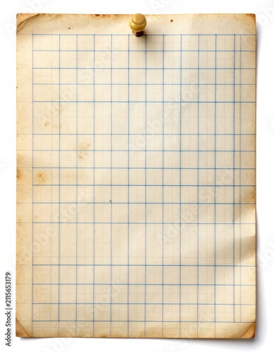 Aged, yellowed grid paper, pinned to a white background, showing wear and tear