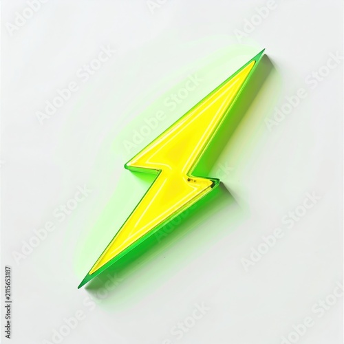 Bright yellow neon lightning bolt casts a green glow on a white wall
