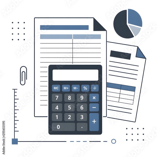 Calculator and financial documents with charts for accounting and budget analysis