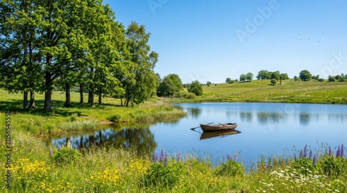 Wooden Rowboat on Serene Summer Lake in Rolling Green Countryside
