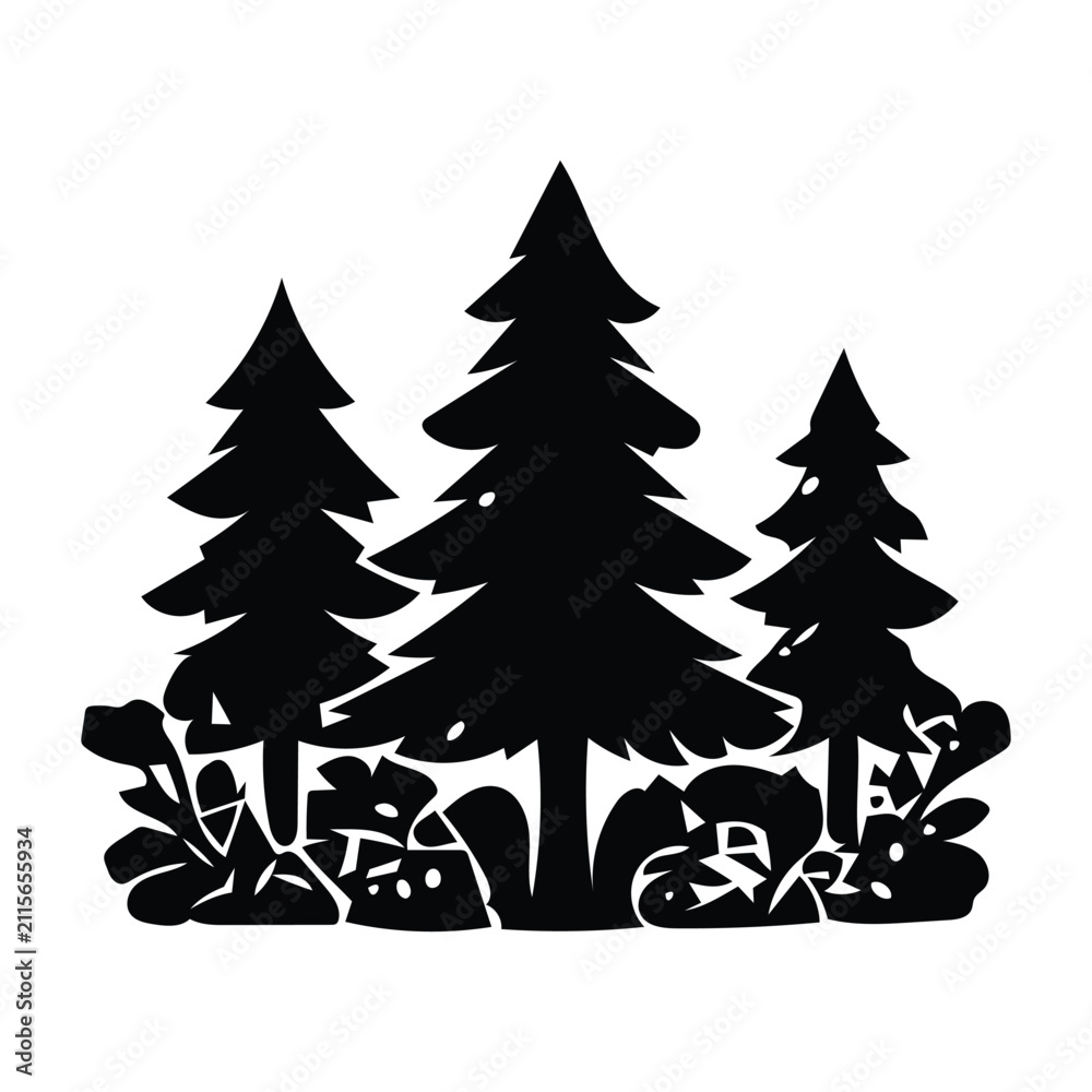 Fototapeta premium Silhouette of three pine trees with bushes