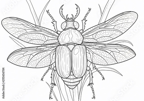 Intricate Line Art Beetle with Delicate Wings, Nature-Inspired Illustration
