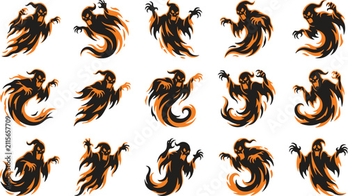 Fotografie Collection of spooky witch silhouettes for halloween designs featuring various p