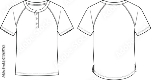 Bild auf Leinwand Fashion flat sketch technical drawing template of a short sleeve raglan henley s