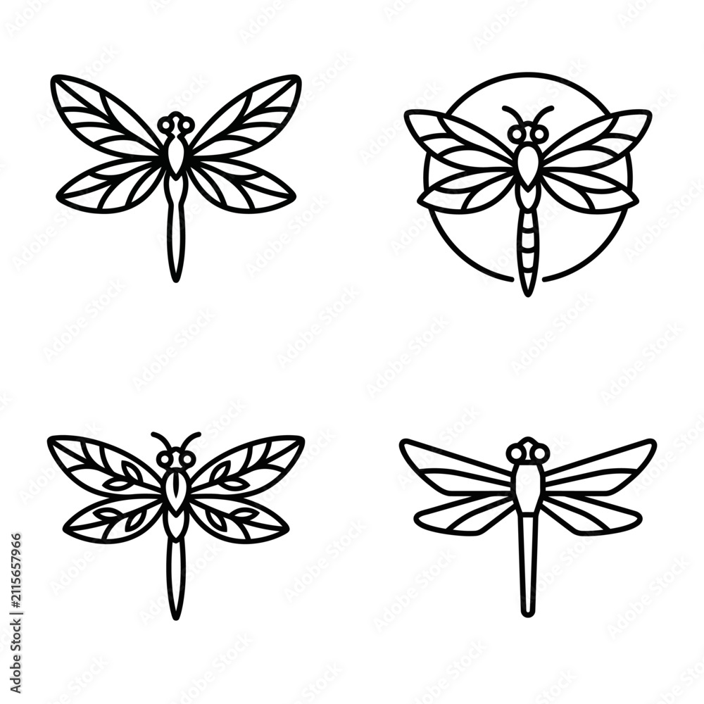 Obraz premium Black and white dragonfly line art.