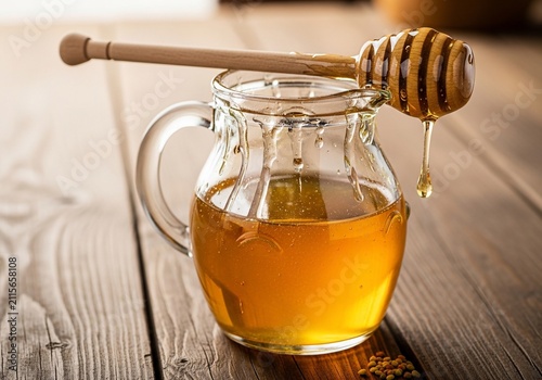 Golden honey drips from a wooden dipper onto a rustic table, capturing pure sweetness.