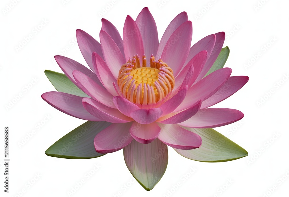 Obraz premium Vibrant close-up of a single pink water lily flower with yellow center and green leaves floating on water