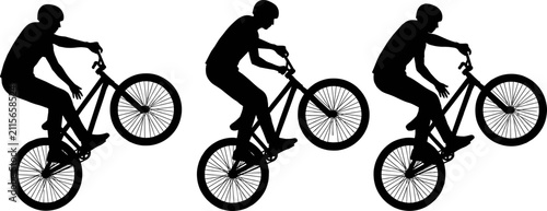 Fotografía BMX Cyclist Silhouette Collection Performing Wheelie Stunt on Bicycle Isolated o