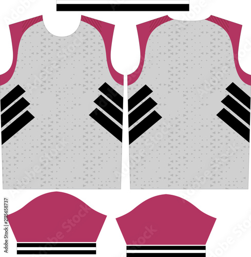 Abstract Light Grey and Maroon Sports Jersey Template with Triangle Geometric Texture and Black Side Stripes for Sublimation Apparel Printing Vector Illustration