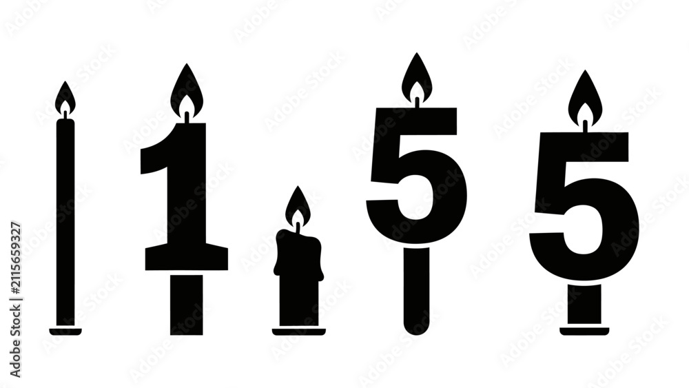 Obraz premium Black number 1 candle with adjacent candles on white background. Simple vector illustration for celebrations.