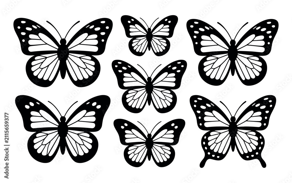 Obraz premium Elegant black butterfly silhouettes with intricate wing patterns in high contrast floating on a bright white backdrop.
