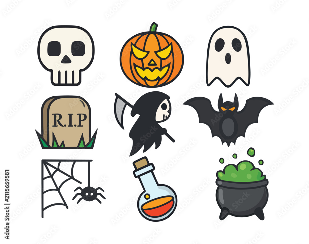 Fototapeta premium Halloween icons skull ghost pumpkin bat spider potion cauldron tombstone collection