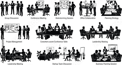 Business people silhouettes are shown engaging in various professional collaborative meetings and strategic group brainstorming sessions.