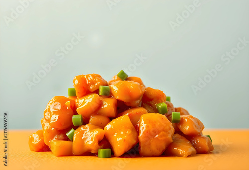 Pile of orange chicken piec...