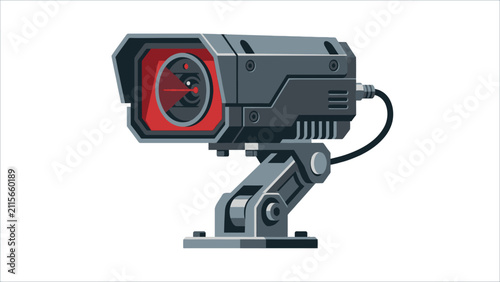 Futuristic Security Surveillance Camera Illustration with Red Glowing Eye for Monitoring Systems