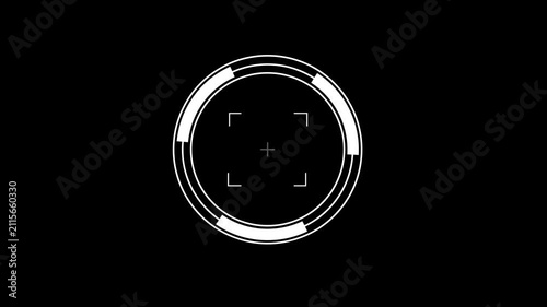 Modern Circular Camera Focus Reticule HUD Interface Icon with Precision Target Cross hair, Digital on black Background.