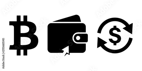 Modern black and white crypto currency wallet and exchange icons set