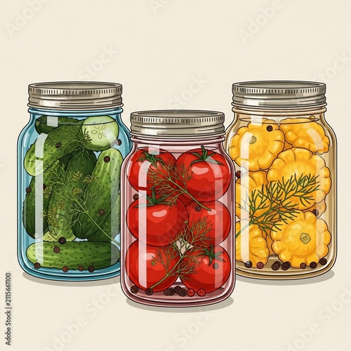 Vibrant Hand-Drawn Preserves: Pickles, Tomatoes, Squash in Jars