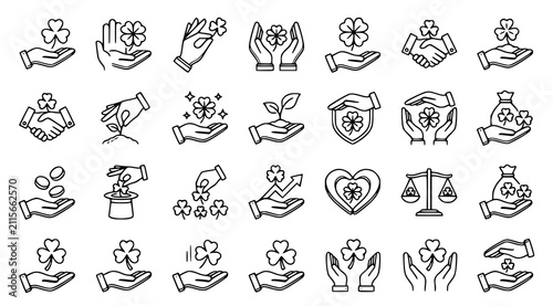 Minimal black hand and shamrock vector icons collection with luck prosperity success business and four leaf clover symbols isolated on white background