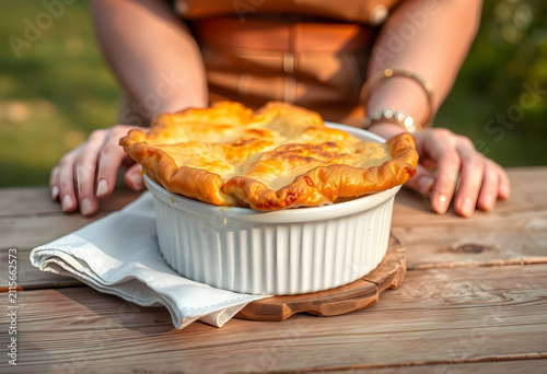 Golden brown baked pie in a...