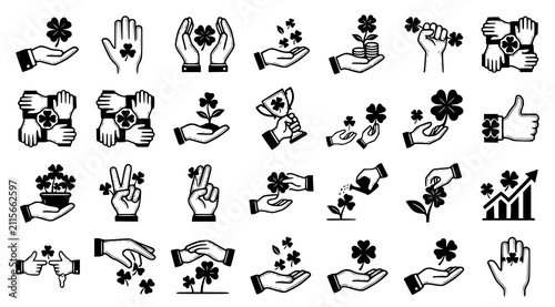 Professional black hand holding shamrock vector icon set with luck success prosperity business and good fortune symbols isolated on white background