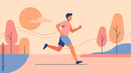 Obraz na plátně Young Man Running Outdoors in Park Flat Vector Illustration Concept for Fitness