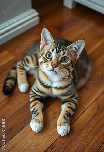 Cute tabby cat with green e...